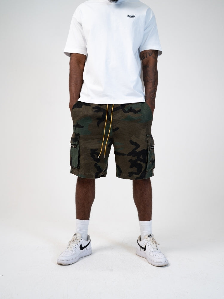 Dawery Men Camouflage Loose Cargo Shorts Drawstring Elastic Waist Three-Dimensional Versatile Multi-Pocket Military Outdoor