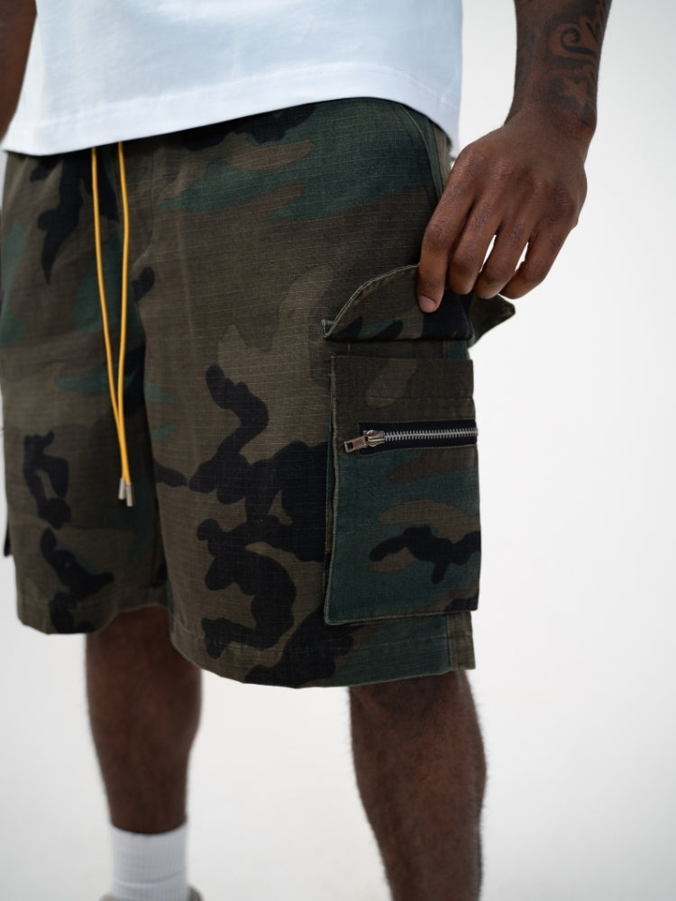 Dawery Men Camouflage Loose Cargo Shorts Drawstring Elastic Waist Three-Dimensional Versatile Multi-Pocket Military Outdoor