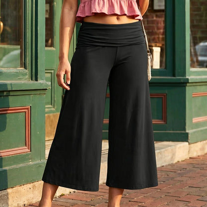 Women Summer Fold Over Wide Leg Capri Pants Low Rise Lounge Yoga Flare Culottes Y2k Soft Flowy Crop Palazzo Pants Beach