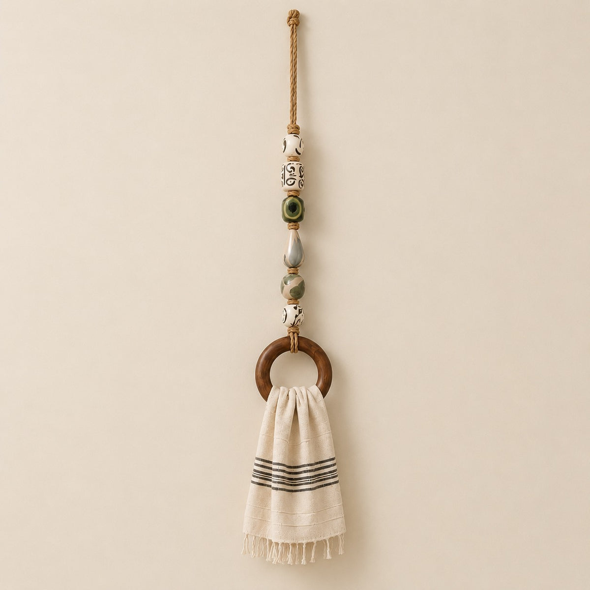 Decorative Beaded Towel Hanger with Wooden Ring