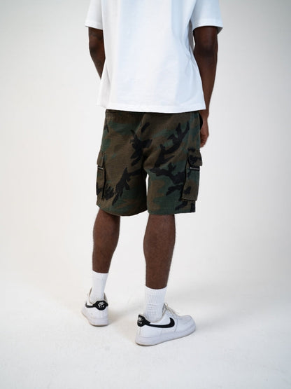 Dawery Men Camouflage Loose Cargo Shorts Drawstring Elastic Waist Three-Dimensional Versatile Multi-Pocket Military Outdoor
