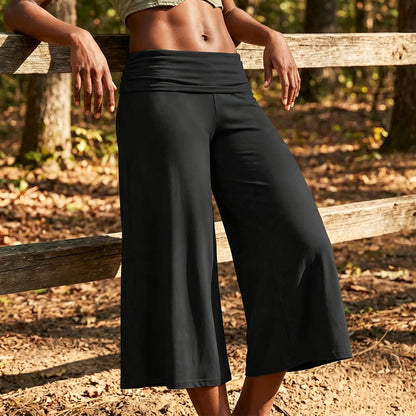 Women Summer Fold Over Wide Leg Capri Pants Low Rise Lounge Yoga Flare Culottes Y2k Soft Flowy Crop Palazzo Pants Beach
