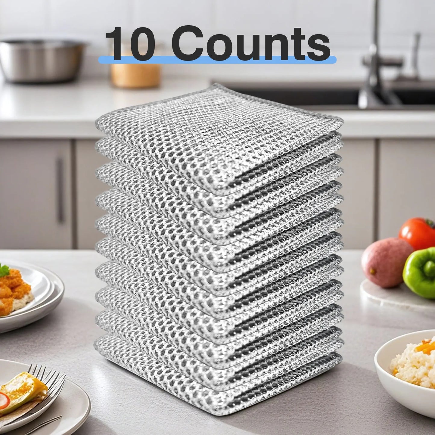 10 Counts Non Scratch Wire Dishcloth Multipurpose Wire Dishwashing Rag Metal Scrubbers for for Wet and Dry Cleaning, 2-Layer Kitchen Cleaning Cloth Cleaning Tool