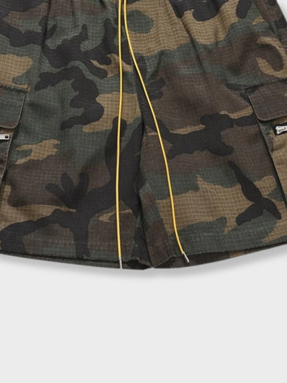 Dawery Men Camouflage Loose Cargo Shorts Drawstring Elastic Waist Three-Dimensional Versatile Multi-Pocket Military Outdoor