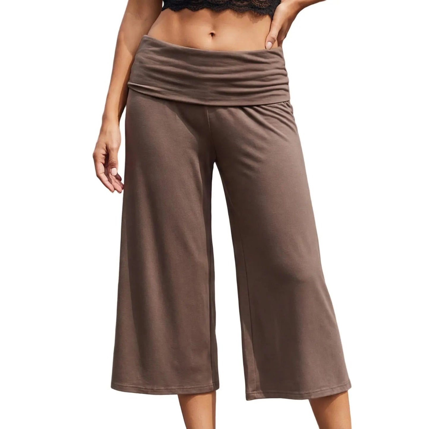 Women Summer Fold Over Wide Leg Capri Pants Low Rise Lounge Yoga Flare Culottes Y2k Soft Flowy Crop Palazzo Pants Beach