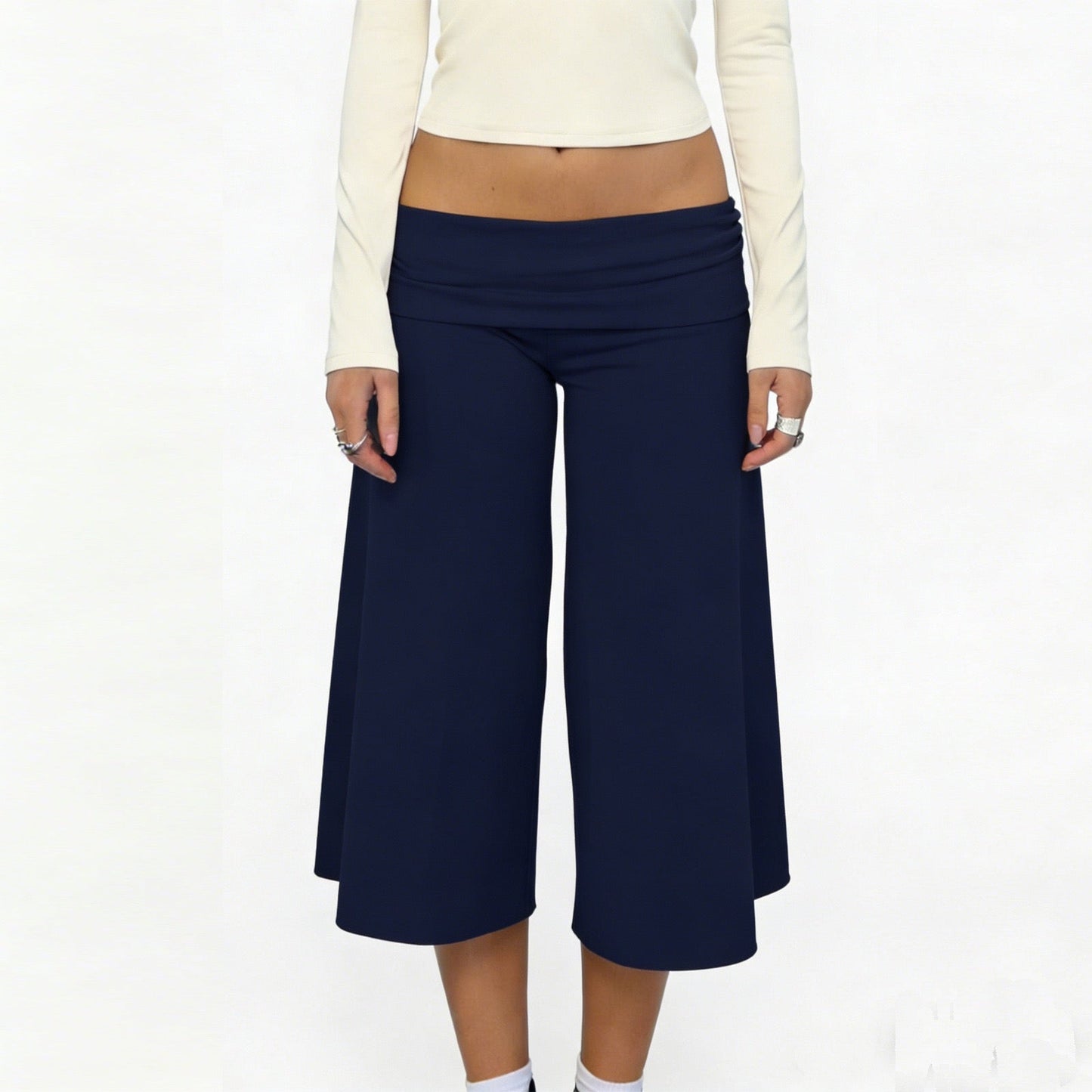Women Summer Fold Over Wide Leg Capri Pants Low Rise Lounge Yoga Flare Culottes Y2k Soft Flowy Crop Palazzo Pants Beach