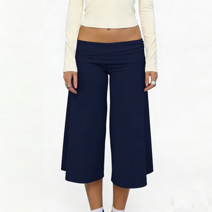 Women Summer Fold Over Wide Leg Capri Pants Low Rise Lounge Yoga Flare Culottes Y2k Soft Flowy Crop Palazzo Pants Beach