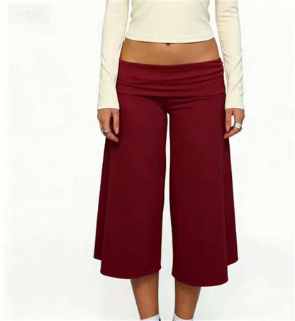Women Summer Fold Over Wide Leg Capri Pants Low Rise Lounge Yoga Flare Culottes Y2k Soft Flowy Crop Palazzo Pants Beach