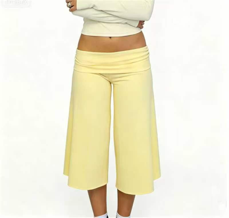 Women Summer Fold Over Wide Leg Capri Pants Low Rise Lounge Yoga Flare Culottes Y2k Soft Flowy Crop Palazzo Pants Beach