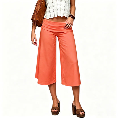 Women Summer Fold Over Wide Leg Capri Pants Low Rise Lounge Yoga Flare Culottes Y2k Soft Flowy Crop Palazzo Pants Beach