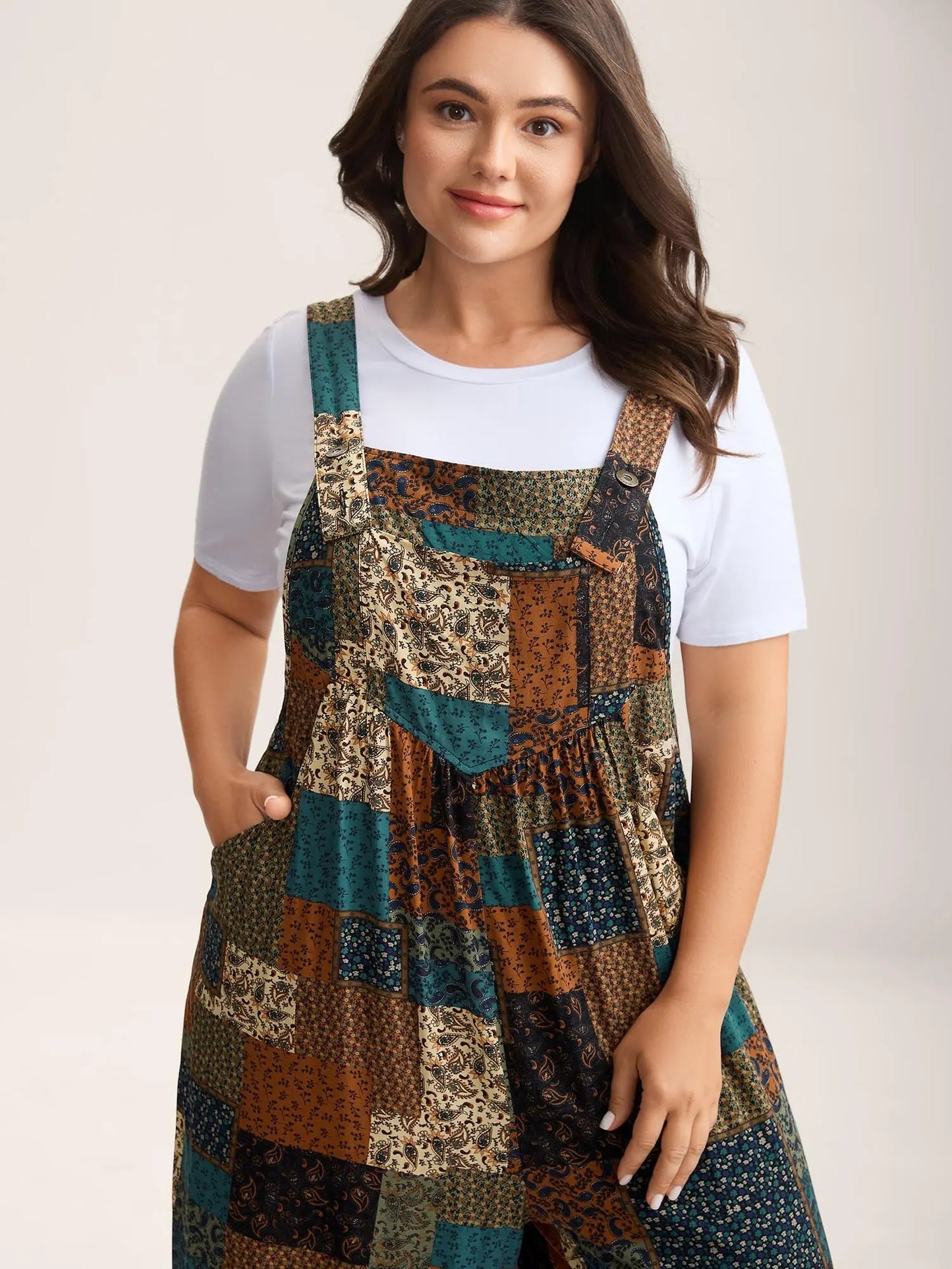 Plus Size Strapless Rayon Jumpsuit, Boho Multicolor Paisley Print Pocketed Maxi,Curvy Clothing for Women, Strapless Denim Jumpsuit, Casual Fitted Jumpsuit