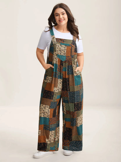 Plus Size Strapless Rayon Jumpsuit, Boho Multicolor Paisley Print Pocketed Maxi,Curvy Clothing for Women, Strapless Denim Jumpsuit, Casual Fitted Jumpsuit