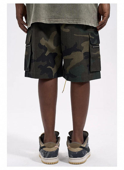 Dawery Men Camouflage Loose Cargo Shorts Drawstring Elastic Waist Three-Dimensional Versatile Multi-Pocket Military Outdoor
