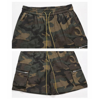 Dawery Men Camouflage Loose Cargo Shorts Drawstring Elastic Waist Three-Dimensional Versatile Multi-Pocket Military Outdoor