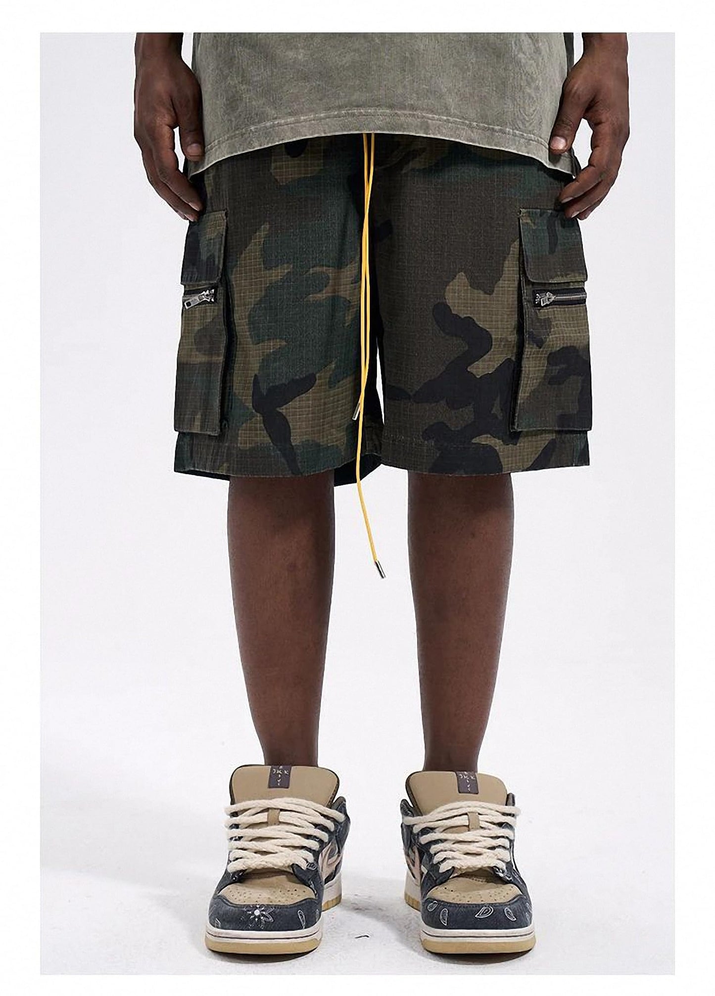 Dawery Men Camouflage Loose Cargo Shorts Drawstring Elastic Waist Three-Dimensional Versatile Multi-Pocket Military Outdoor