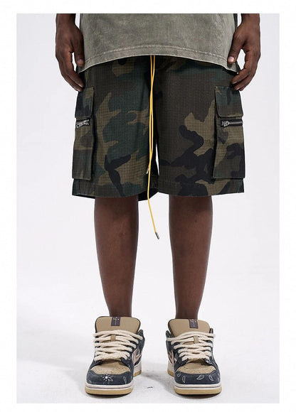 Dawery Men Camouflage Loose Cargo Shorts Drawstring Elastic Waist Three-Dimensional Versatile Multi-Pocket Military Outdoor