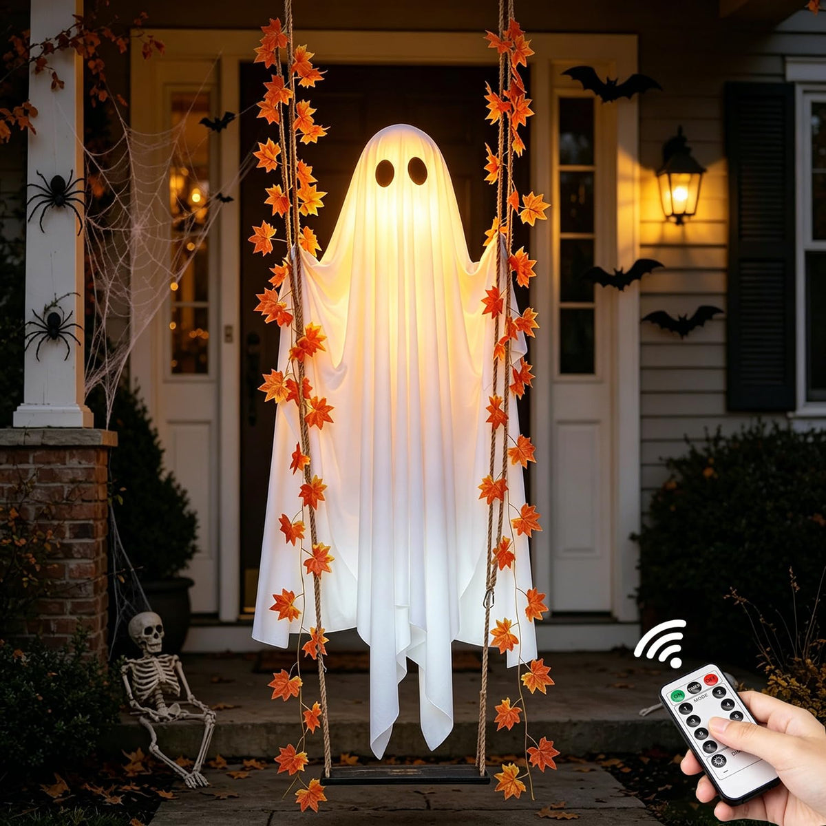 Halloween Decorations Outdoor 5.7FT Pre-Assembled Hanging Swing Ghost with Remote Lights Spooky Hanging Ghosts for Porch Yard Tree Party