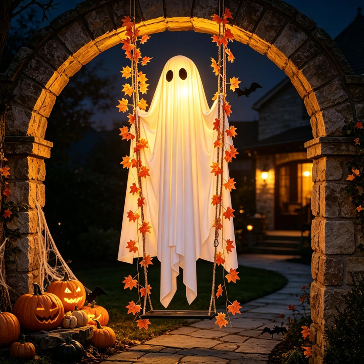Halloween Decorations Outdoor 5.7FT Pre-Assembled Hanging Swing Ghost with Remote Lights Spooky Hanging Ghosts for Porch Yard Tree Party