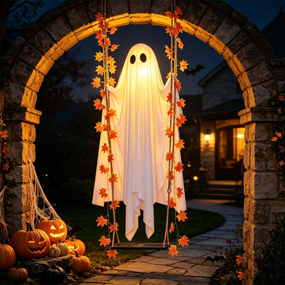 Halloween Decorations Outdoor 5.7FT Pre-Assembled Hanging Swing Ghost with Remote Lights Spooky Hanging Ghosts for Porch Yard Tree Party