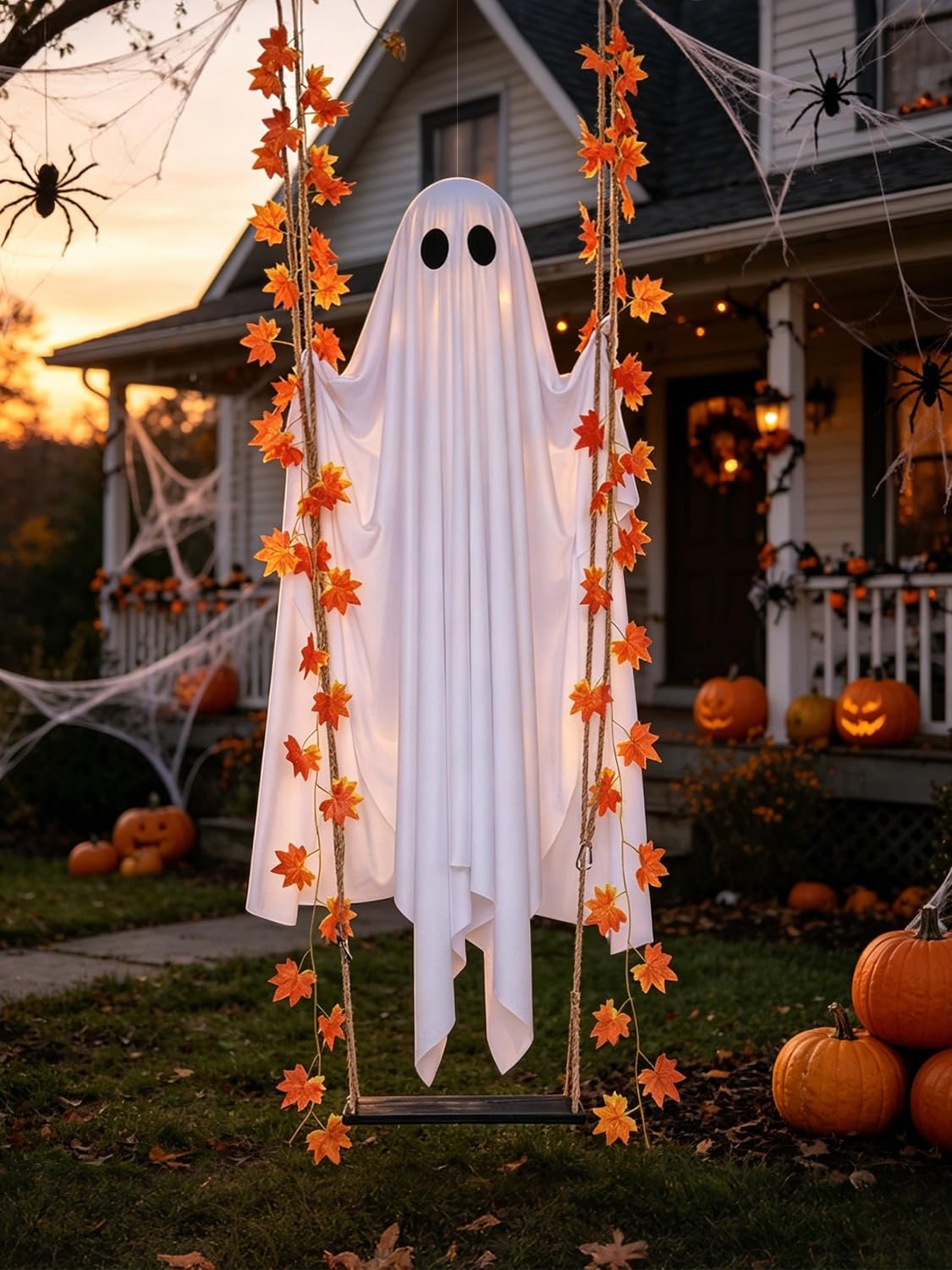 Halloween Decorations Outdoor 5.7FT Pre-Assembled Hanging Swing Ghost with Remote Lights Spooky Hanging Ghosts for Porch Yard Tree Party