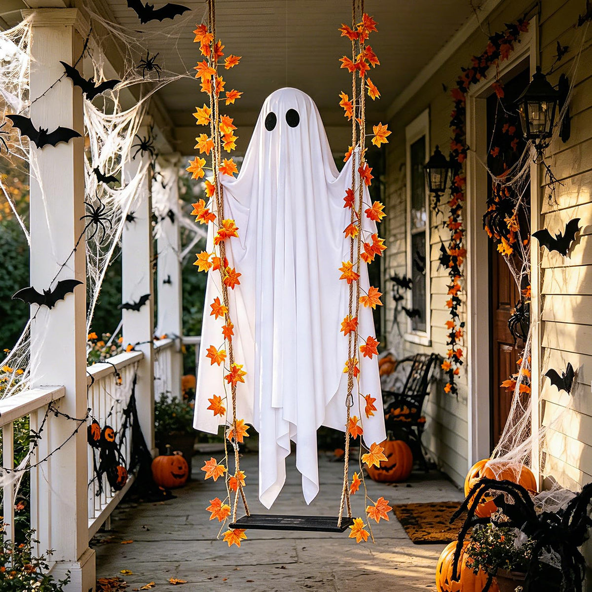 Halloween Decorations Outdoor 5.7FT Pre-Assembled Hanging Swing Ghost with Remote Lights Spooky Hanging Ghosts for Porch Yard Tree Party