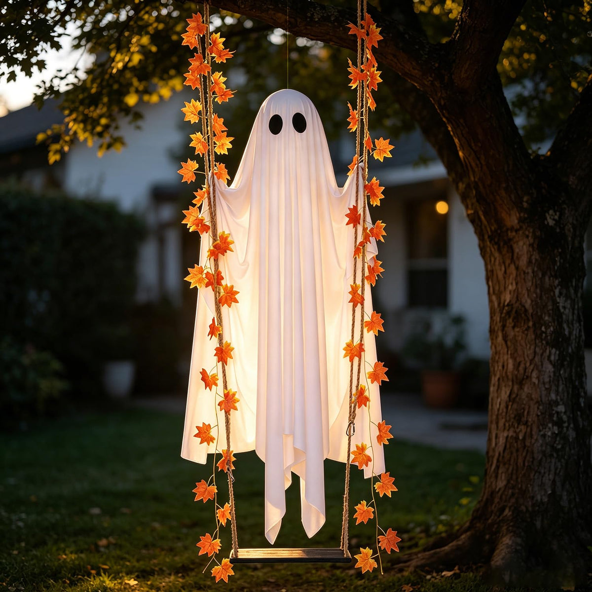 Halloween Decorations Outdoor 5.7FT Pre-Assembled Hanging Swing Ghost with Remote Lights Spooky Hanging Ghosts for Porch Yard Tree Party