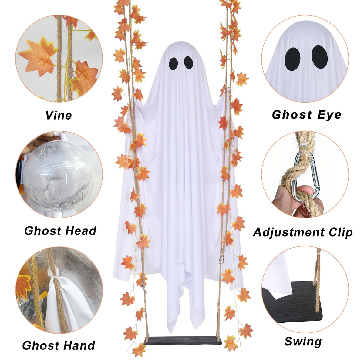 Halloween Decorations Outdoor 5.7FT Pre-Assembled Hanging Swing Ghost with Remote Lights Spooky Hanging Ghosts for Porch Yard Tree Party