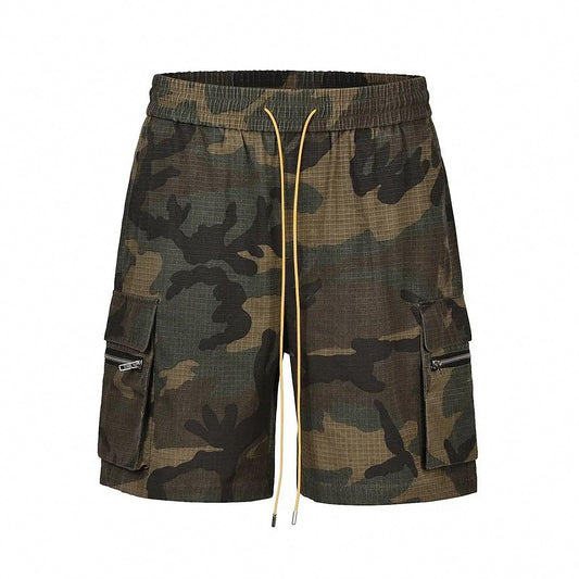 Men Camouflage Loose Cargo Shorts Drawstring Elastic Waist Three-Dimensional Versatile Multi-Pocket Outdoor